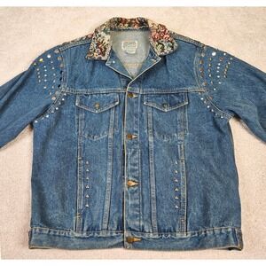 Unique OOAK Glam Vintage Denim Jacket Floral Tapestry Studded Urban Folk Western